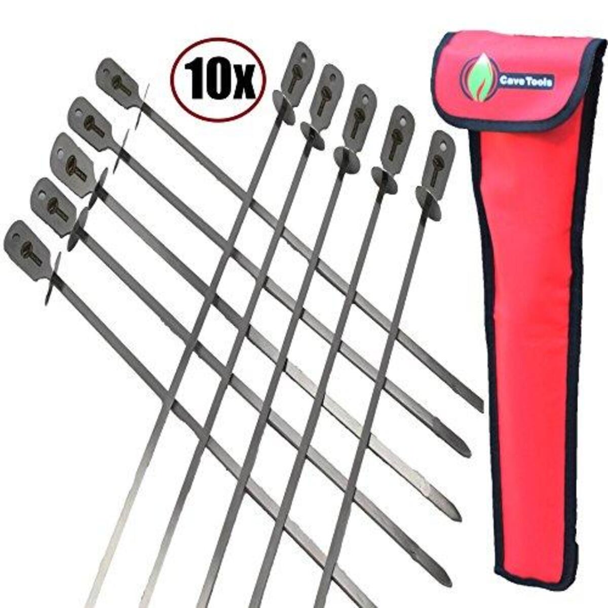 Cave Tools BBQ Skewers Set (10) - Extra Long 17.3 INCH SHISH Kabob - Flat Stainless Steel Wide Metal Barbecue Cooking Sticks with Food Removal Ring and Canvas Storage Case for Hanging on Grill