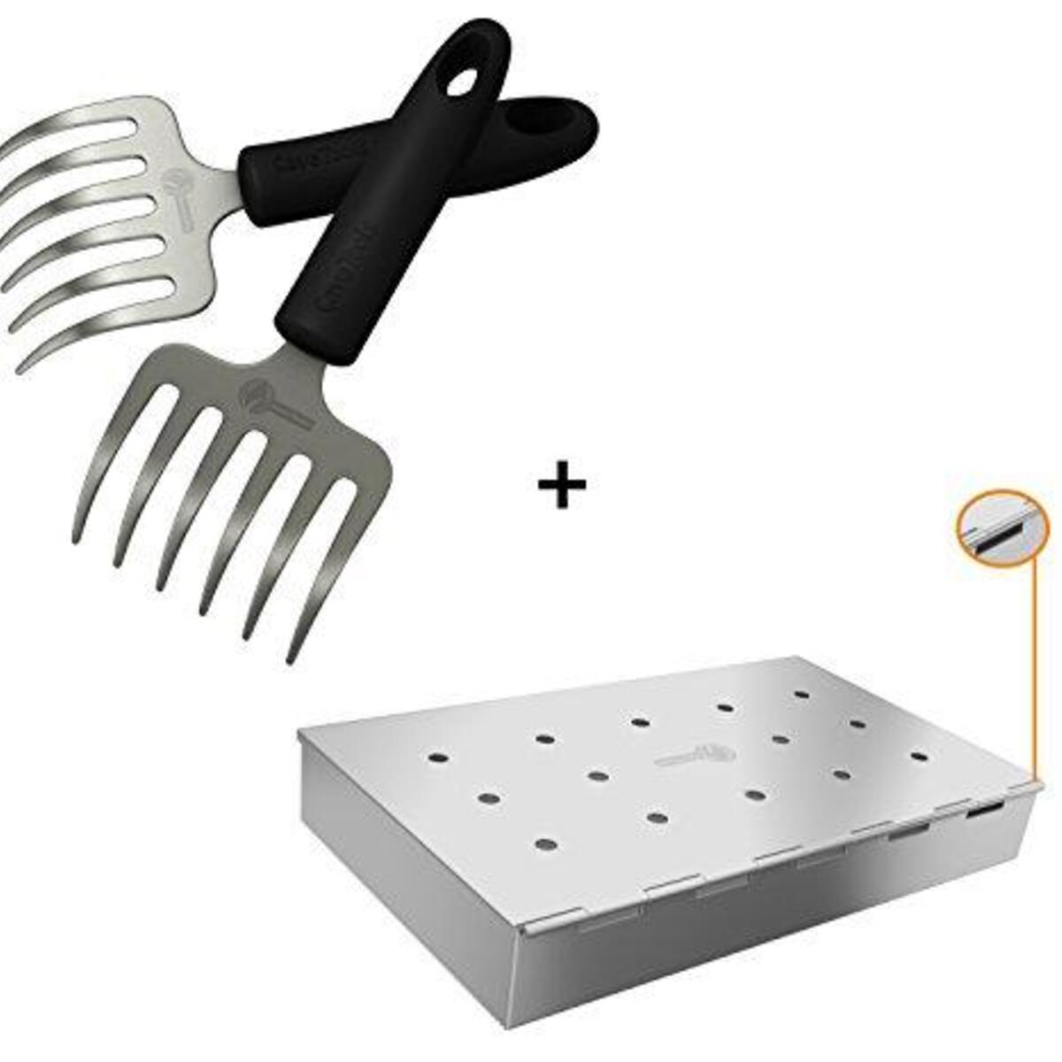 Pulled Pork Shredder Rakes + Smoker Box Maximum Wood Chip Capacity - 25% Thicker Stainless Steel Won't WARP - Charcoal & Gas Grill BBQ Meat Smoking Hinged Lid - Best Grilling Accessories
