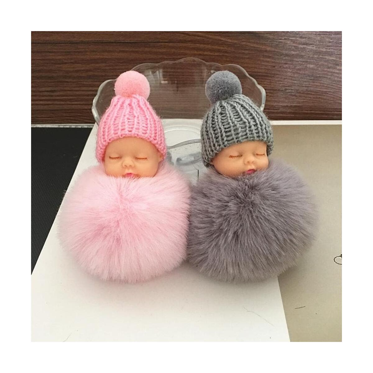 Sleeping Baby Doll Keychains Fluffy Faux Fur Ball Car Keyring Baby Toy Key Ring Bag Pendant Jewelry