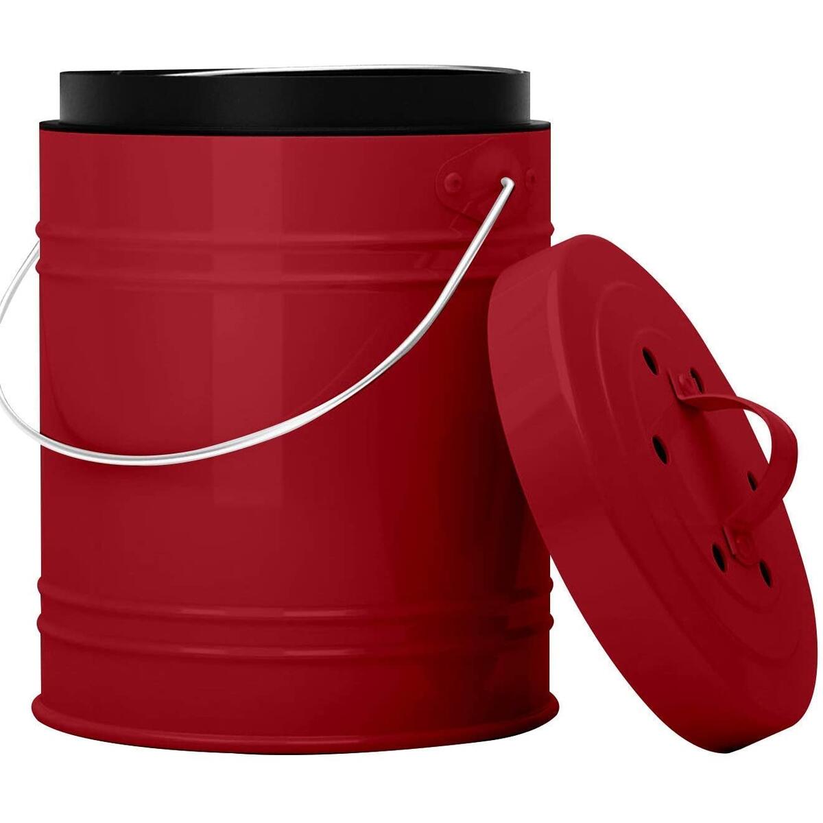 Oversized 1.3 Gallon Kitchen Compost Bin with EZ-No Lock Lid, Plastic Liner & Charcoal Filters in Red & Black - Sturdy Construction & Odor-Free Seal to Prevent Smell w/Dishwasher Safe Bucket