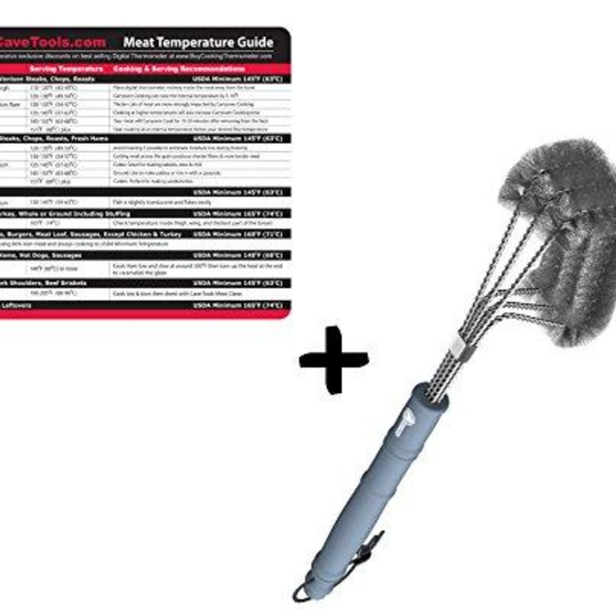 Temp Guide + Barbecue Grill Brush - Heavy Duty Stainless Steel Wire Bristles Safe For Porcelain & Cast Iron Grates - Wide Head Cleaning Style - Long Handle Protects From BBQ Heat