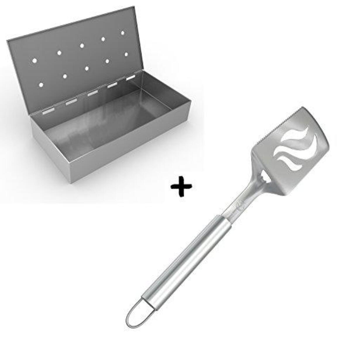 BBQ Spatula + Smoker Box for Grill Wood Chips - 25% Thicker Stainless Steel Won't Warp - Charcoal & Gas Barbecue Meat Smoking with Hinged Lid - Best Grilling Accessories and Utensils