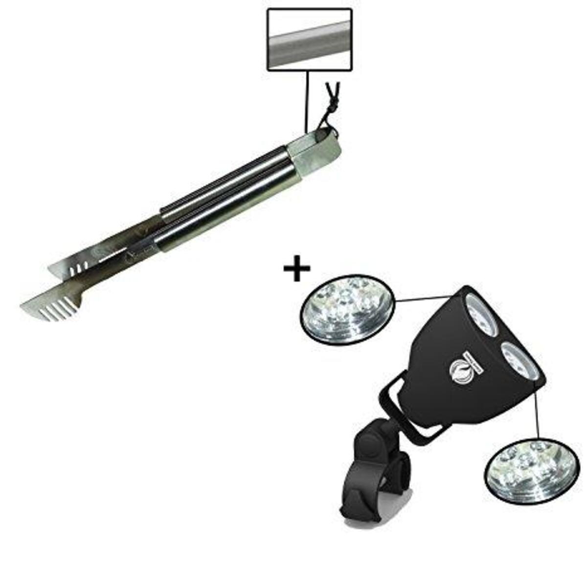 Grill Tong + Barbecue Light - LUXURIOUS GIFT BOX - Upgraded Handle Mount Fits Round & Square Bars on Weber & Big Green Egg BBQ Pits - 10 LED for Grilling at Night - Best Lighting Accessories