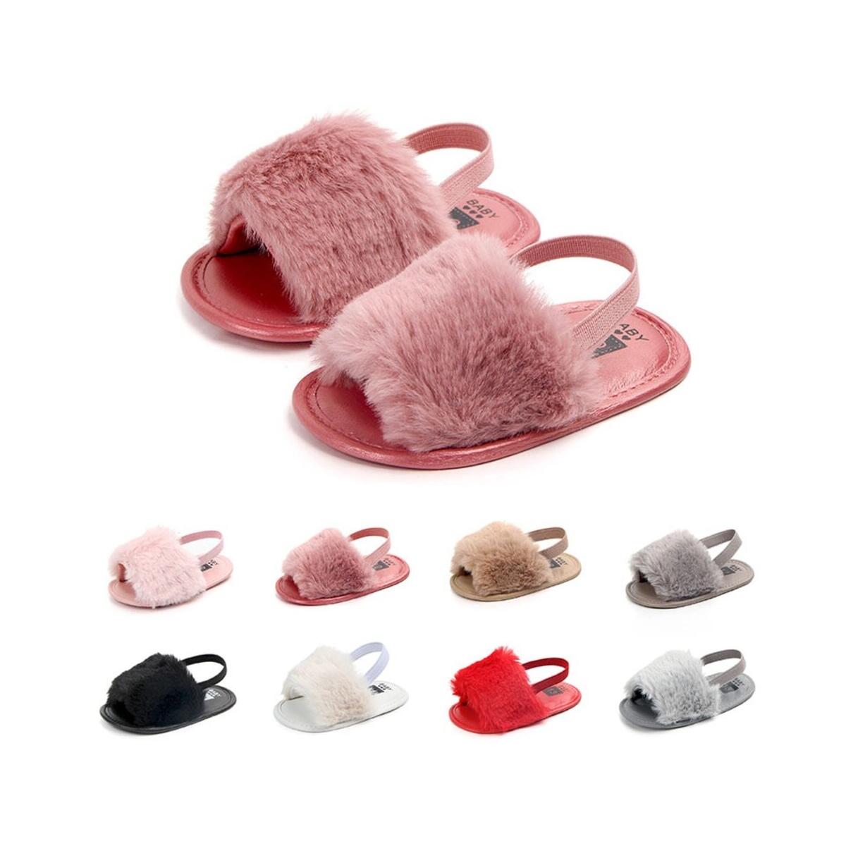 Baby Girls Sandals Faux Fur Slides Elastic Back Strap Flats Slippers Toddler Infant Shoes