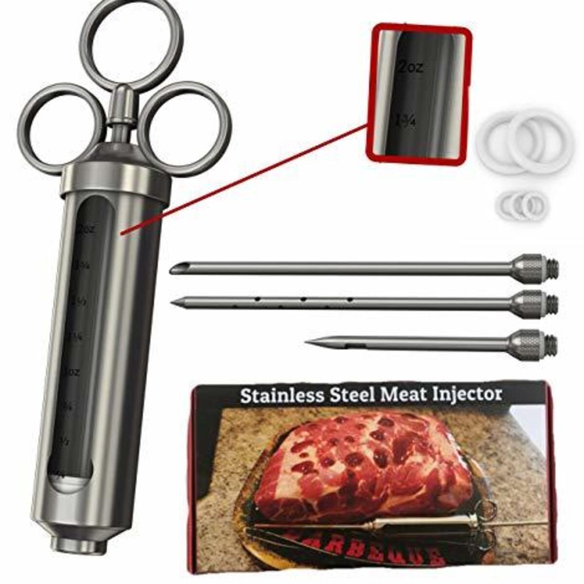 Meat Injector - 304 Stainless Steel 2.3-oz BBQ Injection Kit Marinade Seasoning Window for Cooking Grill Smoker Barbecue - Syringe Injects Cajun Flavor in Chicken Turkey Beef - 3 Professional Needles