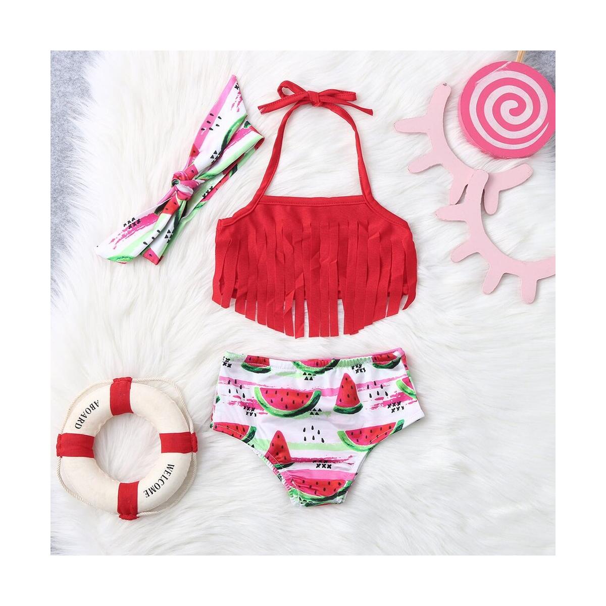 Baby Girl Tassel Halter Tops Watermelon Shorts 2Pcs Summer Swimsuit Hairband Bikini Beachwear