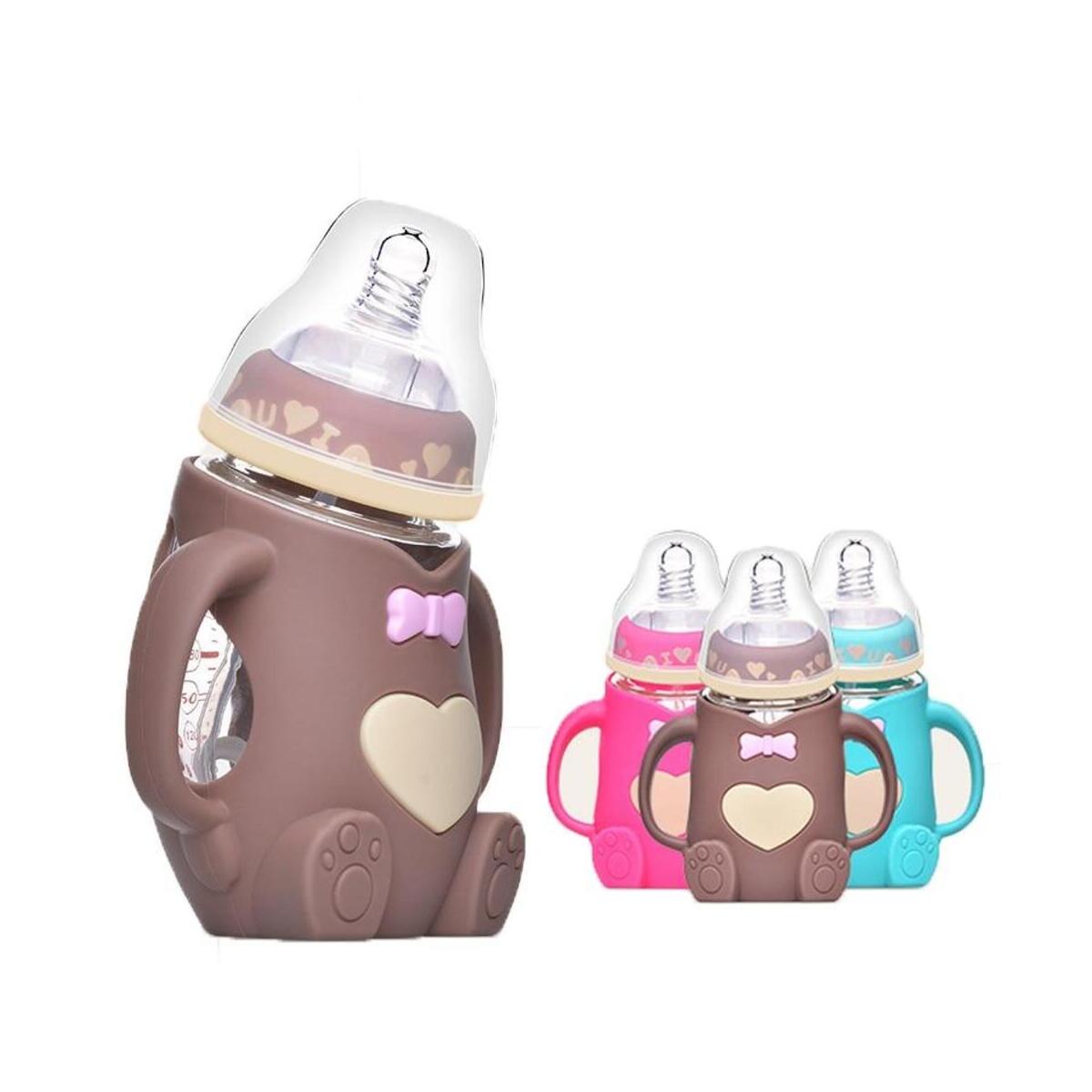 Infant Baby Silicon Crystal Anti-Fall Glass Baby Bottle feeding Glass Bottle Safe Silicone Milk Bottle With Handle