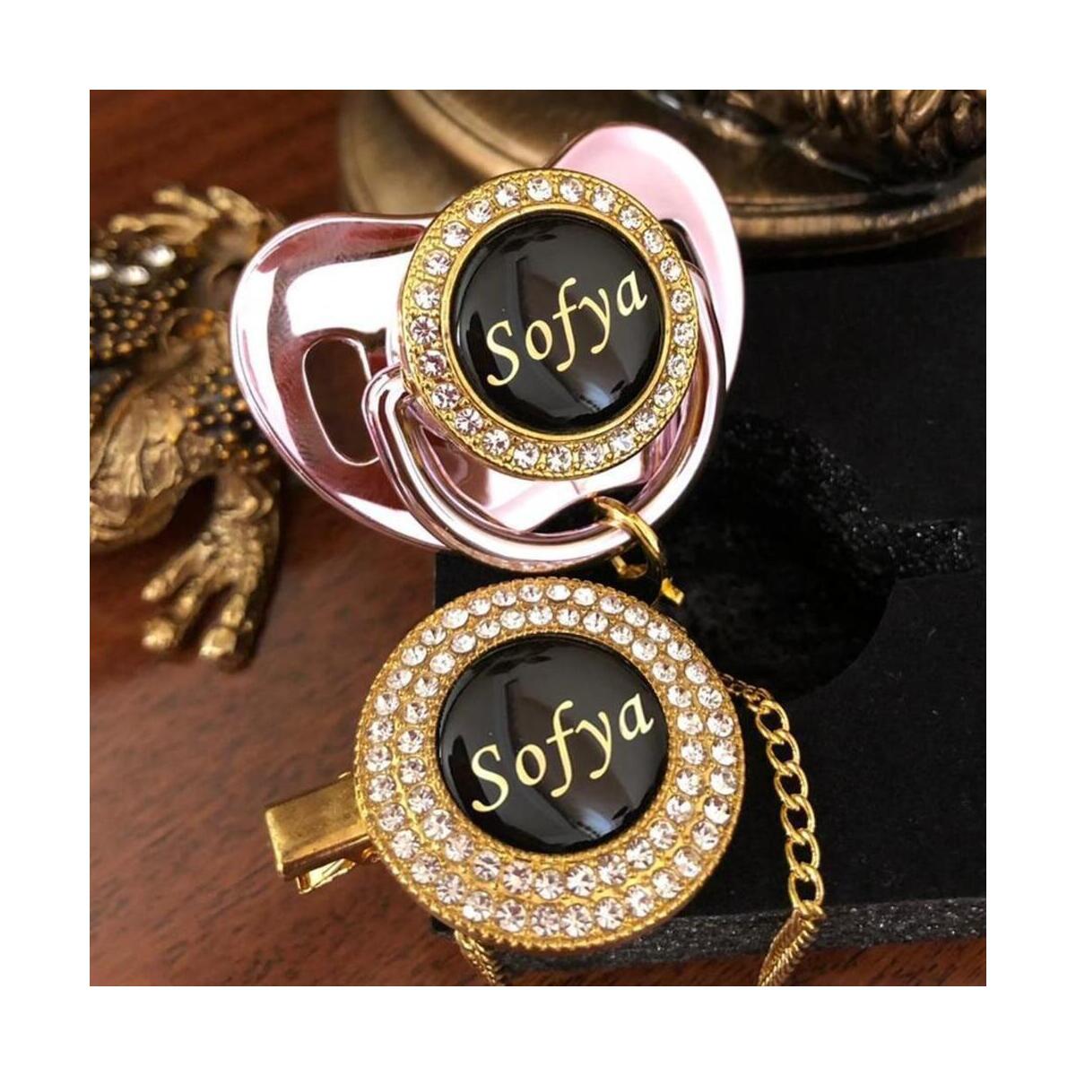 Custom Unique Luxury Pacifier and Clip with Personalized Baby Name on Pacifier and Clip
