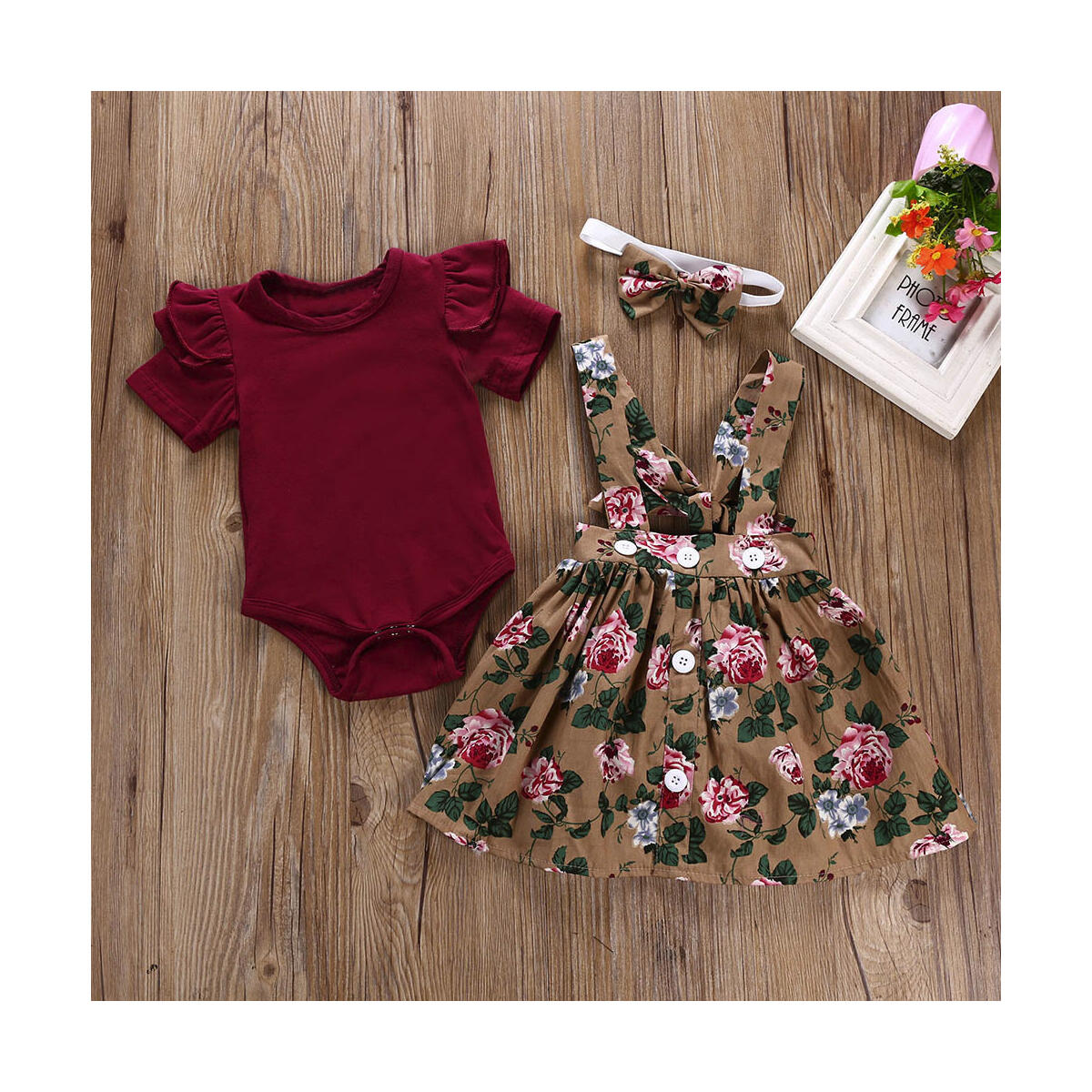 Newborn Baby Girl White Romper Floral Suspenders Skirt Suit Casual Set Wear