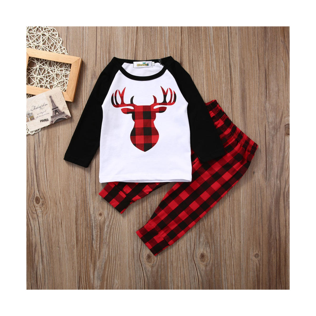 Newborn Baby Boys Girls Deer Plaid T-Shirt Top Plaid Cotton Pants Outfit