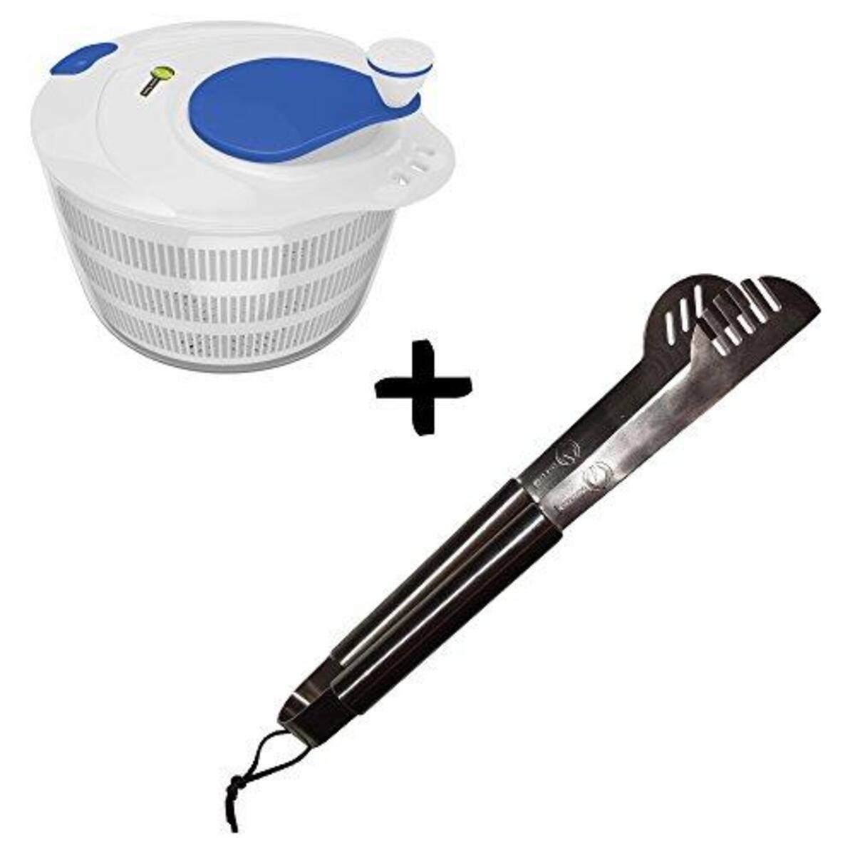 Salad Spinner Large Bowl Set + Grill Tongs - 20% THICKER STAINLESS STEEL WON'T BEND - Dishwasher Safe 17" Long Handle Protects from Heat - Locking Bracket For Easy Storage - For Cooking on Weber BBQ