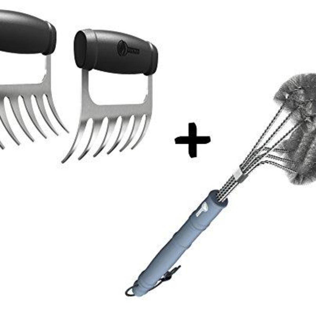 Meat Claws - Stainless Steel Pulled Pork SHREDDERS + BBQ Grill Brush - 100% Rust Proof Design - Wire Bristle with Strength Clip for Cleaning Char Broil Weber Porcelain and Infrared Barbecue Grates