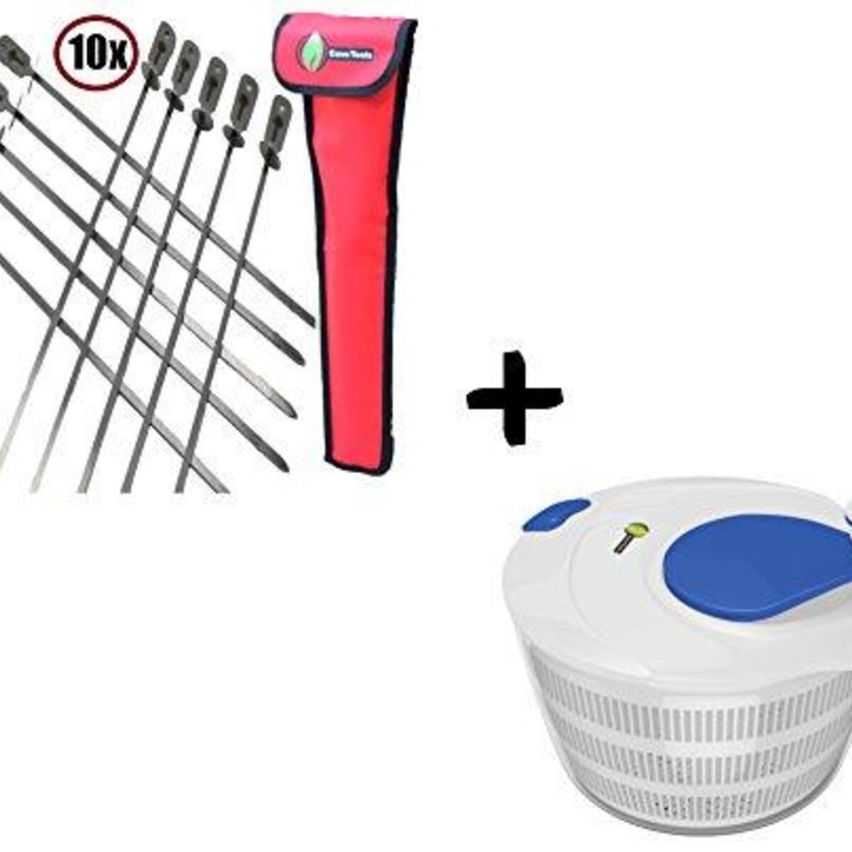 BBQ Skewers (10) Extra Long + Salad Spinner Large 4.2 Quarts Serving Bowl Set - QUICK DRY DESIGN & DISHWASHER SAFE - BPA Free Plastic - No Pump Pull String Needed, Turn Knob Drys Vegetables Fast