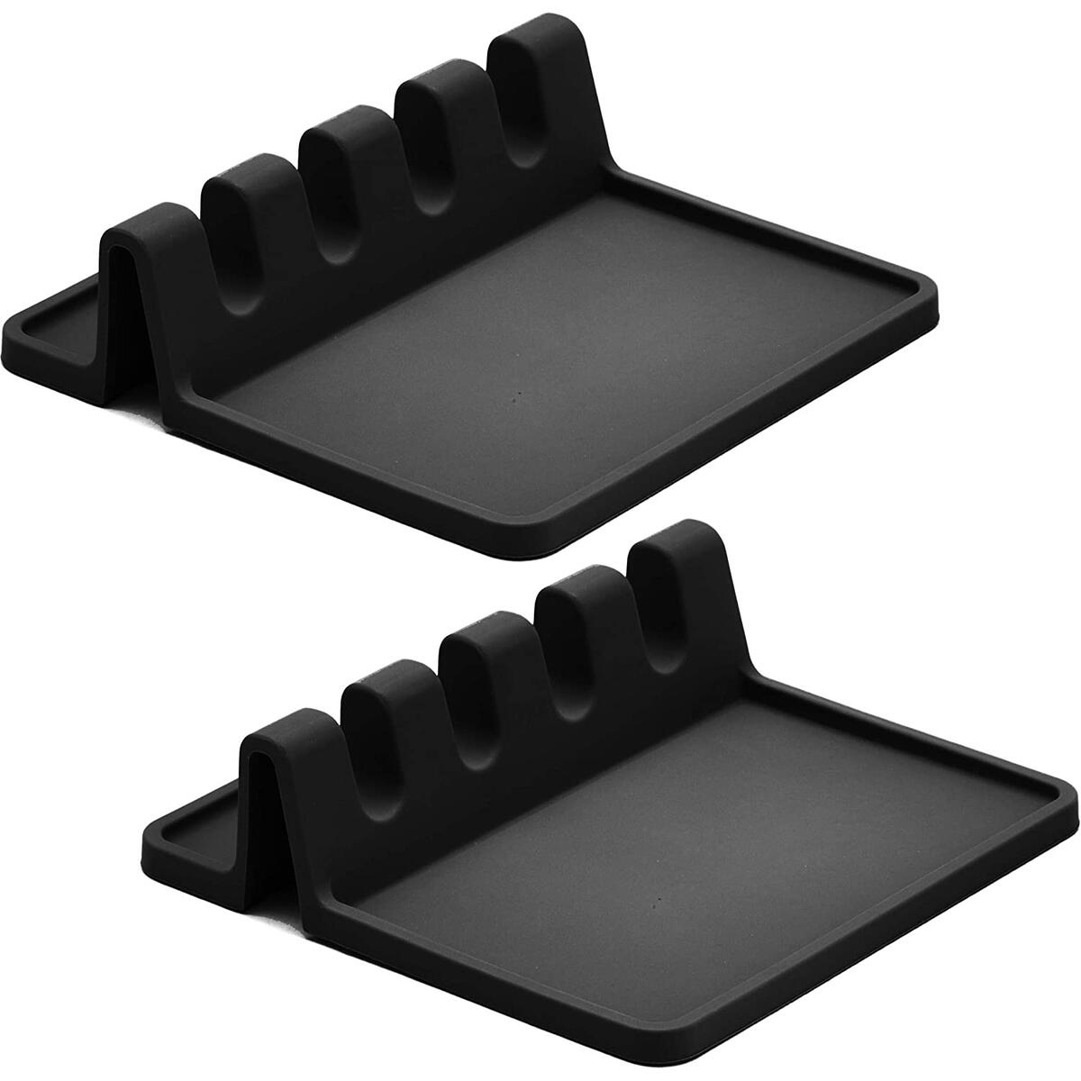 Black Silicone Spoon Rest for Stove Top with Drip Pad (Two Pack) - Heat-Resistant, BPA-Free Utensil Rest & Spoon Holder for Kitchen Counter - Grill Utensil Holder for Spatulas, Tongs, Ladles
