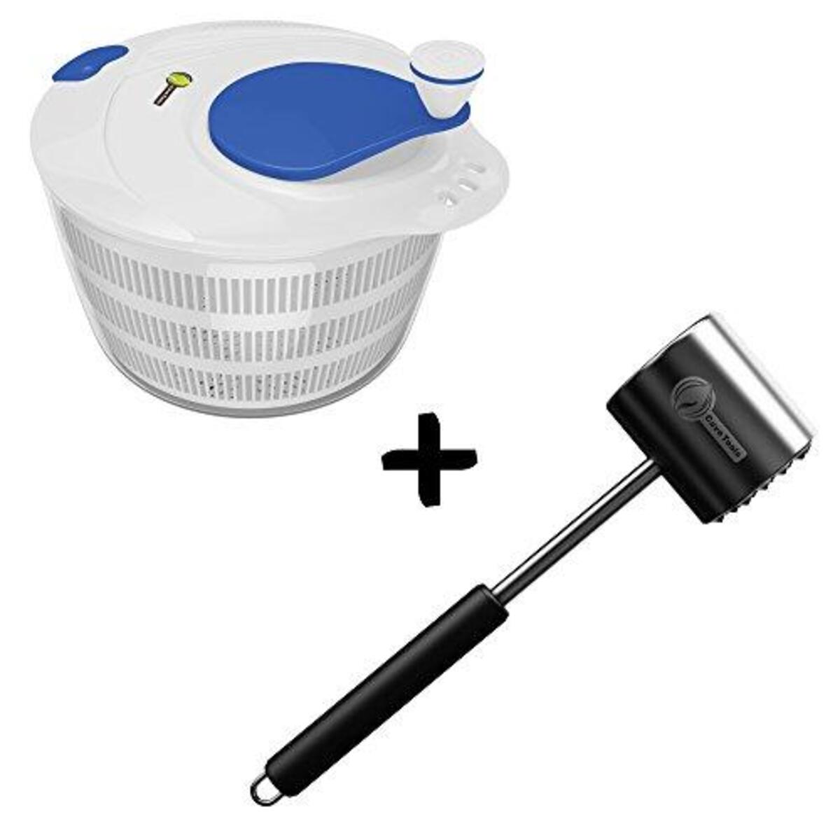 Salad Spinner Large Bowl Set + Meat Tenderizer Mallet Tool - DISHWASHER SAFE & - Manual Hammer Pounder Tenderizing Chicken Steak & Pork - Non Slip Silicone Handle