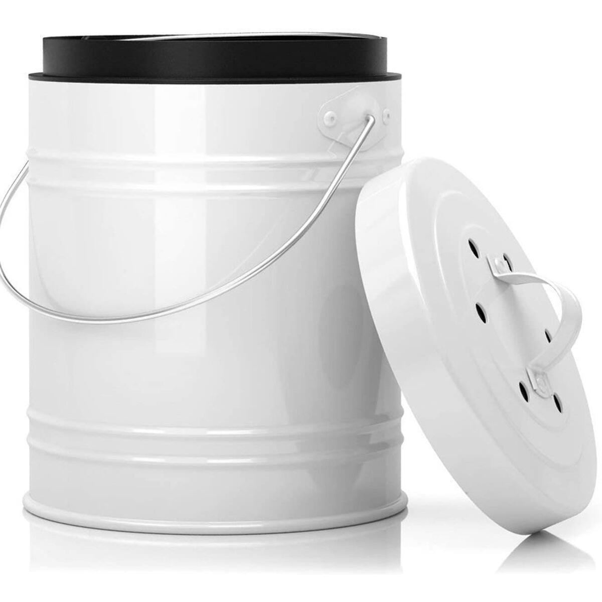 Oversized 1.3 Gallon Kitchen Compost Bin with EZ-No Lock Lid, Plastic Liner & Charcoal Filters in White & Black - Sturdy Construction & Odor-Free Seal w/Dishwasher Safe Bucket