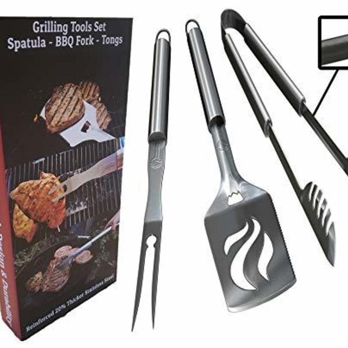BBQ Grilling Tools Set - Heavy Duty 20% Thicker Stainless Steel - Professional Grade Barbecue Accessories - 3 Piece Utensils Kit Includes Spatula Tongs & Fork - Unique Birthday Gift Idea for Dad