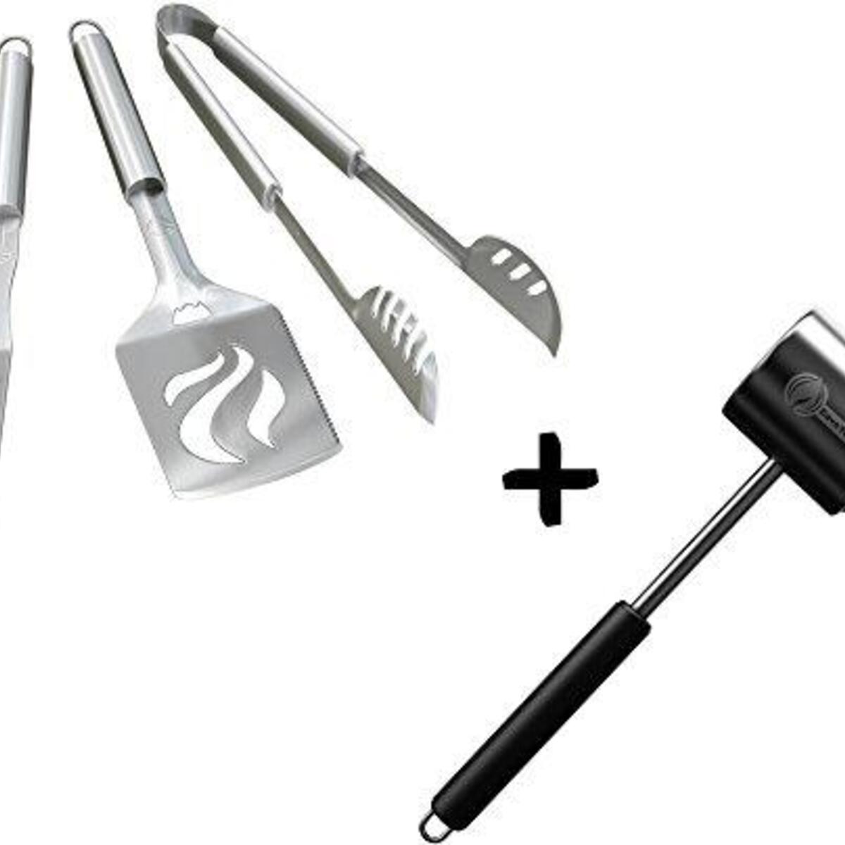 Grill Set + Meat Tenderizer Mallet Tool - Dishwasher Safe & - Manual Hammer Pounder for Tenderizing Chicken Steak Pork & Veal in Kitchen - Non Slip Silicone Handle for Pounding