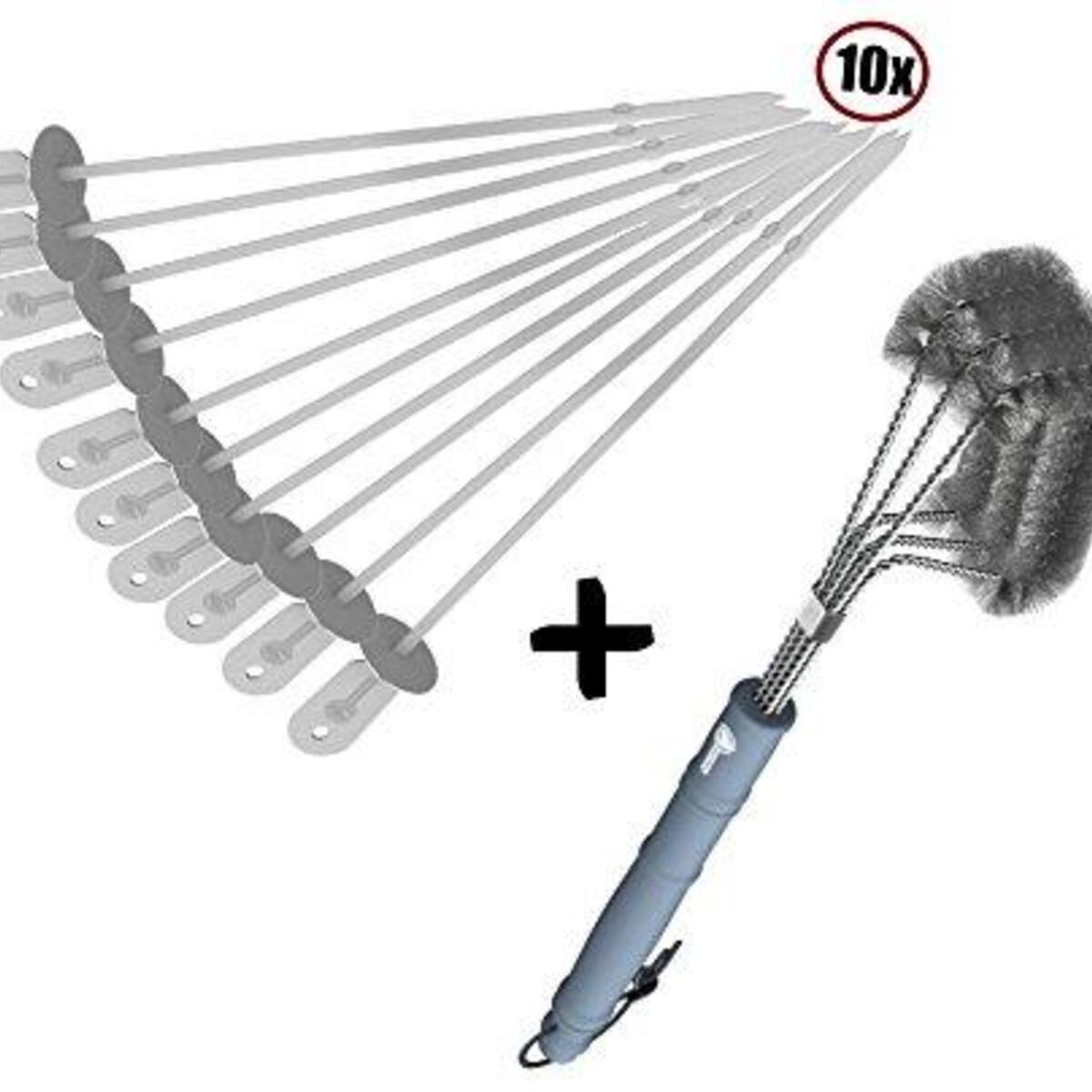 Kabob Skewers + BBQ Grill Brush - 100% Rust Proof Design - Stainless Steel Wire Bristles with Strength Clip for Cleaning Char Broil Weber Porcelain Infrared Barbecue Grates - 18" Long Handle