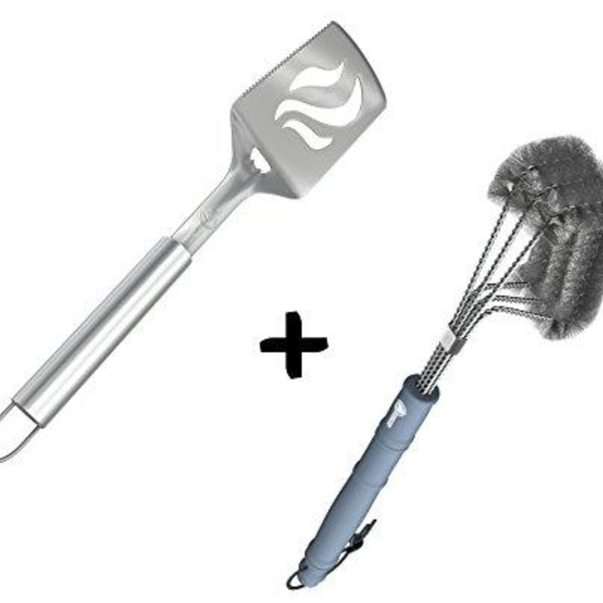 Grill Spatula + BBQ Brush - ONLY 100% Rust Proof Design - Stainless Steel Wire Bristles with Strength Clip for Cleaning Char Broil Weber Porcelain and Infrared Barbecue Grates - 18" Long Handle