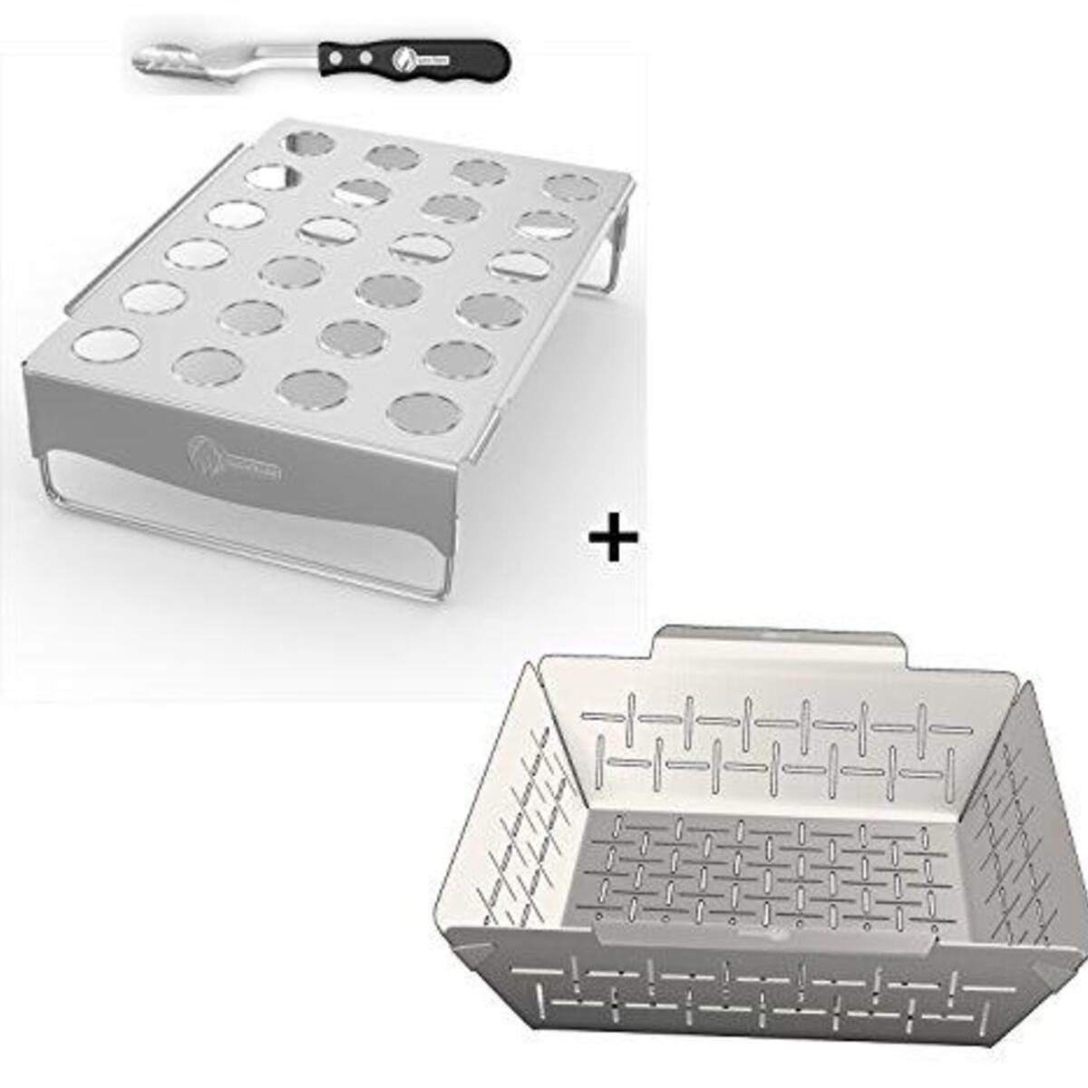 Pepper Rack + Vegetable Grilling Basket - Dishwasher Safe Stainless Steel - Large Non Stick BBQ Grid Pan For Veggies Meat Fish Shrimp & Fruit - Best Barbecue Wok Topper Accessories Gift for Dad