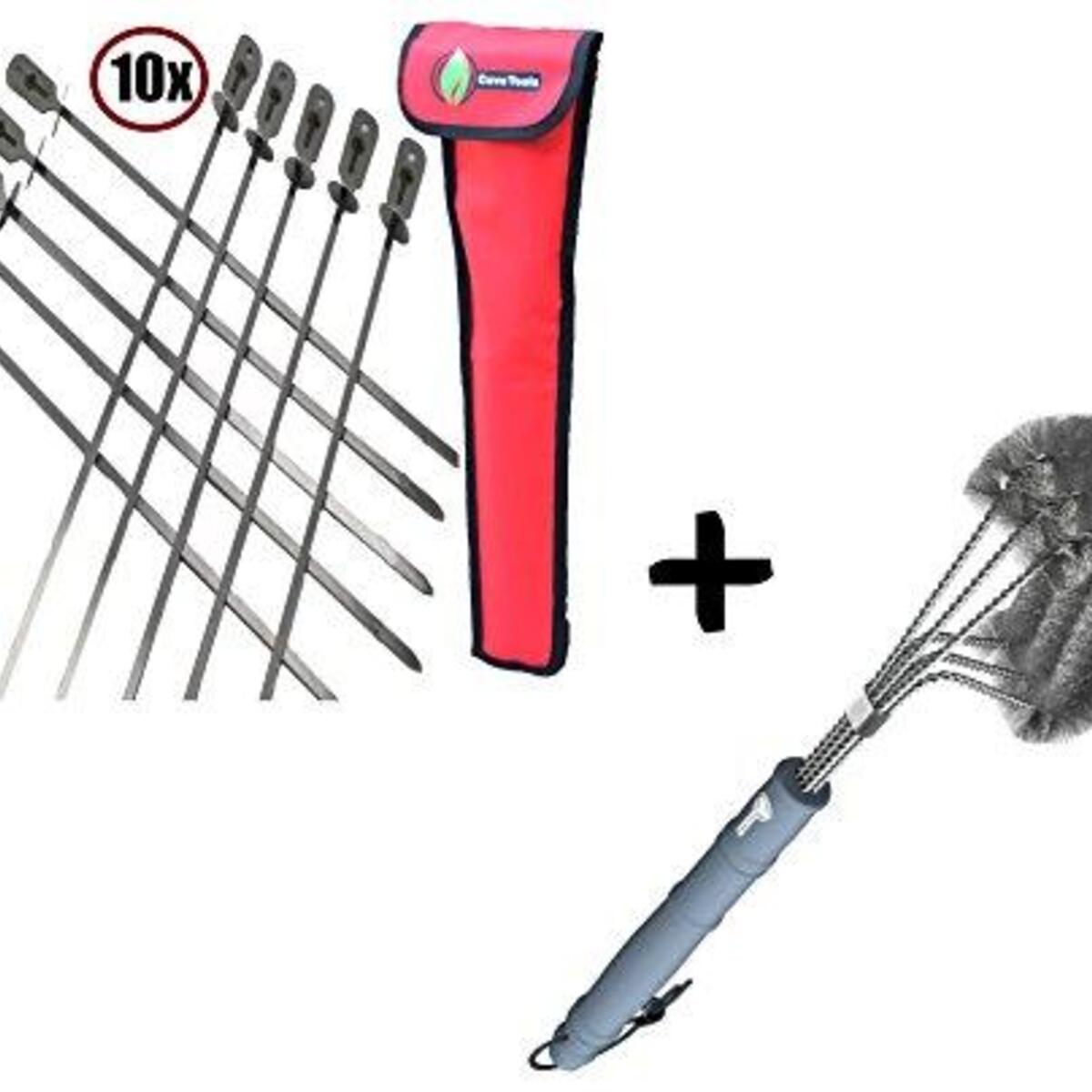 Skewers Set Extra Long + BBQ Grill Brush - Improved 100% Rust Proof Design - Stainless Steel Wire Bristle with Strength Clip for Cleaning Char Broil Weber Porcelain and Infrared Barbecue Grates