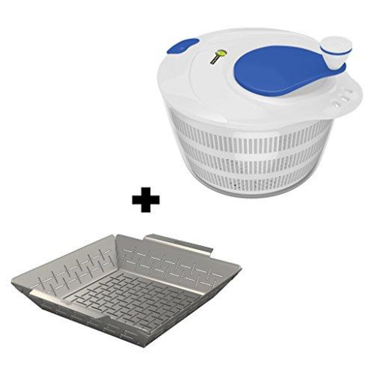 Vegetable Grill Basket + Salad Spinner Large Serving Bowl Set - Quick Dry Design & Dishwasher Safe - BPA Free Plastic Base - No Pump Pull String or Cord Needed, Turn Knob Drys Fruits & Veggies Fast