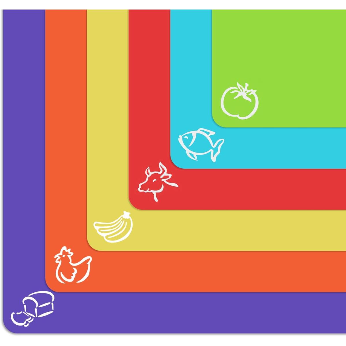 Extra Thick Flexible Plastic Cutting Board Mats with Food Icons & EZ-Grip Waffle Back, (Set of 6) Dishwasher Safe