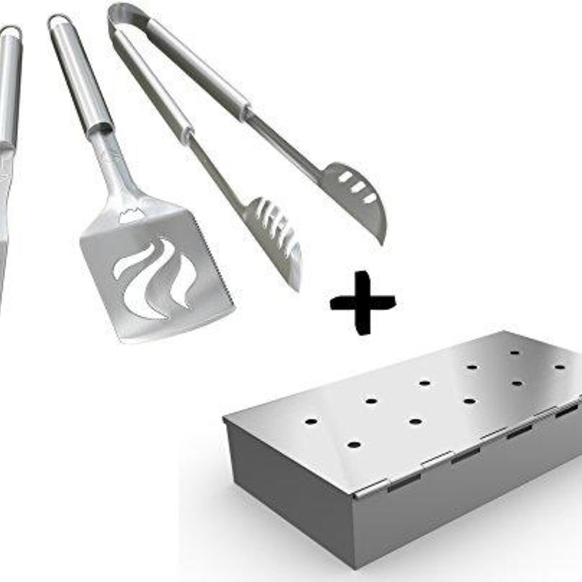 Grill Tools Set + Smoker Box for BBQ Grill Wood Chip - 25% Thicker Stainless Steel Won't Warp - Charcoal & Gas Barbecue Meat Smoking with Hinged Lid - Best Grilling Accessories Gift for Dad