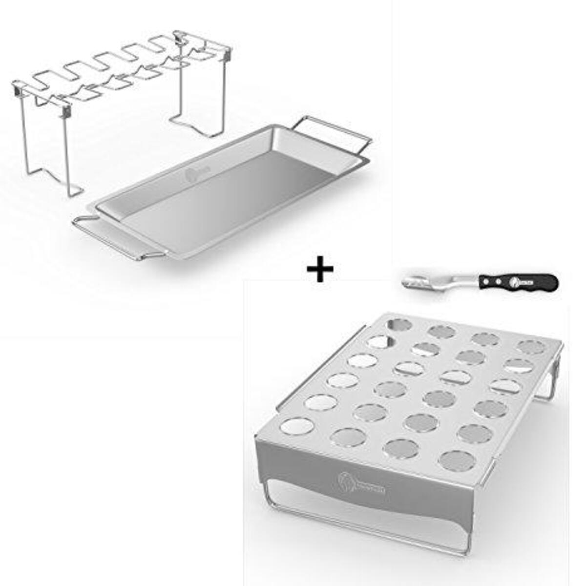 Chicken Wing Rack + Jalapeno Grill Roaster & Pepper Corer Tool - Large 24 Capacity Holder - Also for Cooking Chili on BBQ Smoker or Oven - Dishwasher Safe Stainless Steel Accessories