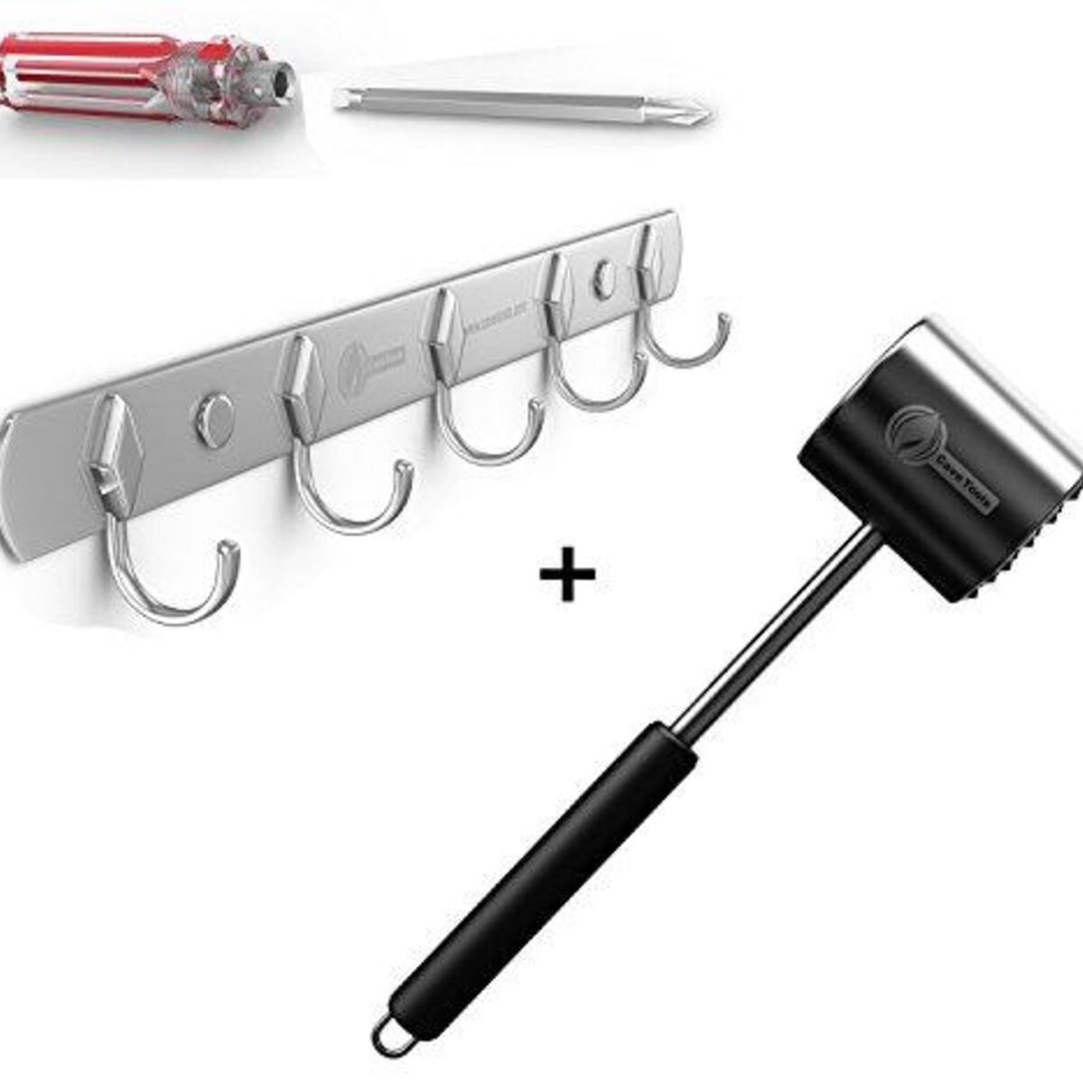 Hook Rack for BBQ Utensils + Meat Tenderizer Mallet Tool - DISHWASHER SAFE & - Hammer Pounder For Tenderizing Chicken Steak Pork & Veal - Non Slip Silicone Handle