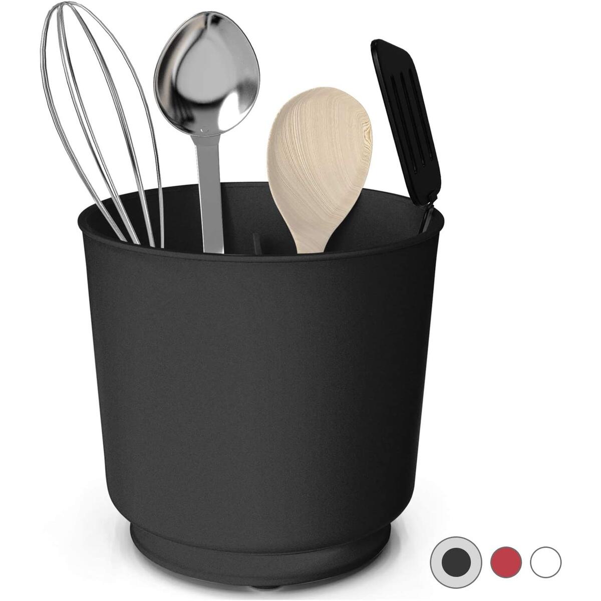 Extra Large and Sturdy Rotating Utensil Holder Caddy with No-Tip Weighted Base, Removable Divider, And Gripped Insert | Rust Proof and Dishwasher Safe by Cooler Kitchen: Black