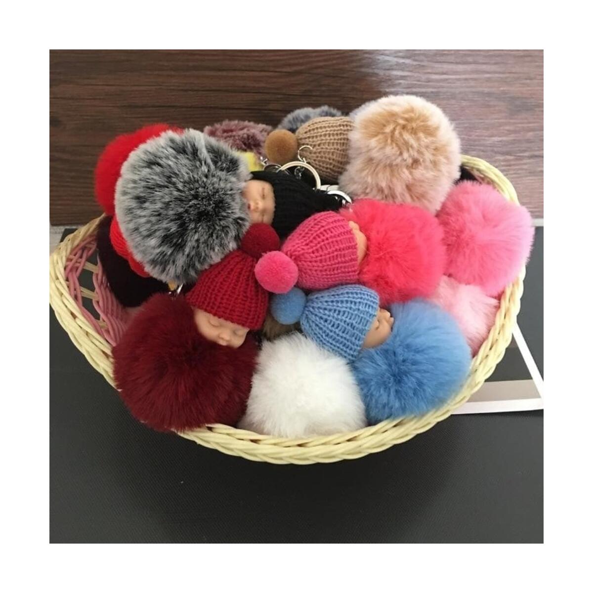 Cute Sleeping Baby Doll Keychain Pompom  Faux Fur Ball Car Keyring Baby Toy Key Chain Women Key Holder Bag