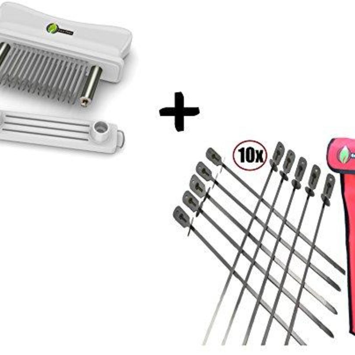 Meat Tenderizer 48 Blade + BBQ Skewers Set (10) - EXTRA LONG 15.5 INCH SHISH KABOB COOKING AREA - Flat Stainless Steel Wide Metal Barbecue Sticks with Food Removal Ring & Canvas Storage Case