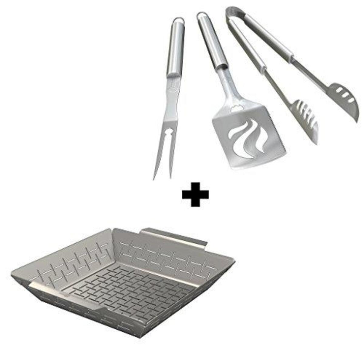 Vegetable Basket + BBQ Grill Tools Set - Heavy Duty 20% Thicker Stainless Steel - Professional Grade Barbecue Accessories - 3 Piece Utensils Kit Includes Spatula Tongs & Fork