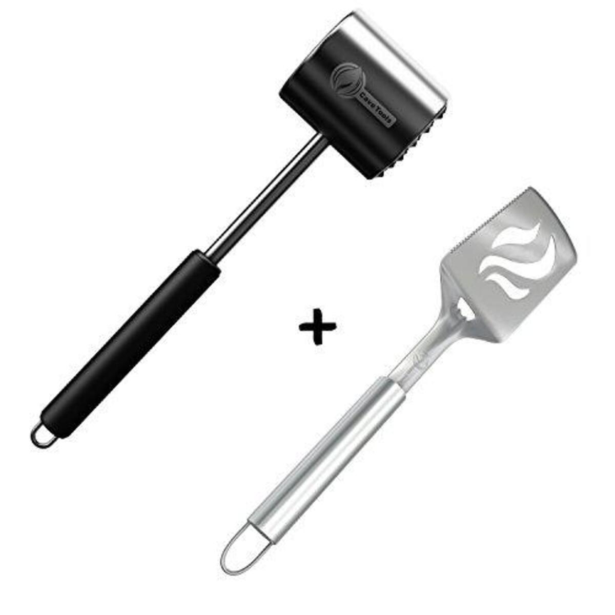 BBQ Spatula + Meat Tenderizer Mallet Tool - Dishwasher Safe Manual Hammer Pounder for Tenderizing Chicken Steak Pork & Veal - Non Slip Silicone Handle for Pounding