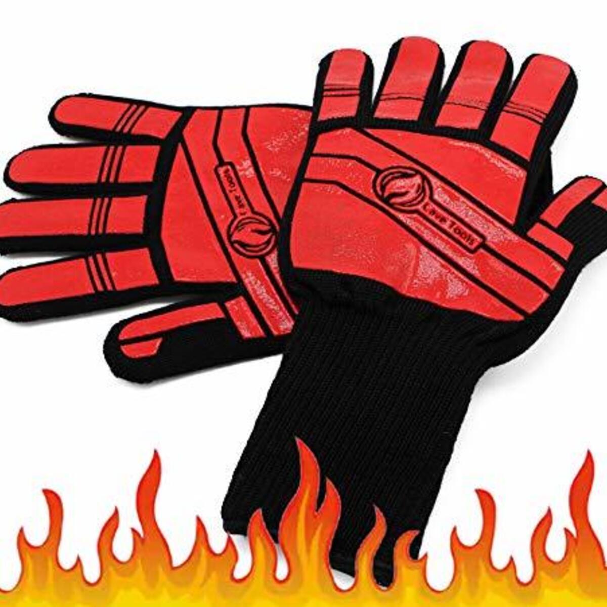 BBQ Glove Oven Mitts - Max Heat Resistant Grill & Cooking Pot Holders Set with Silicone & Aramid Kevlar - Use by Barbecue Smoker Fire or Hot Baking in Kitchen - Grilling Accessories by Cave Tools