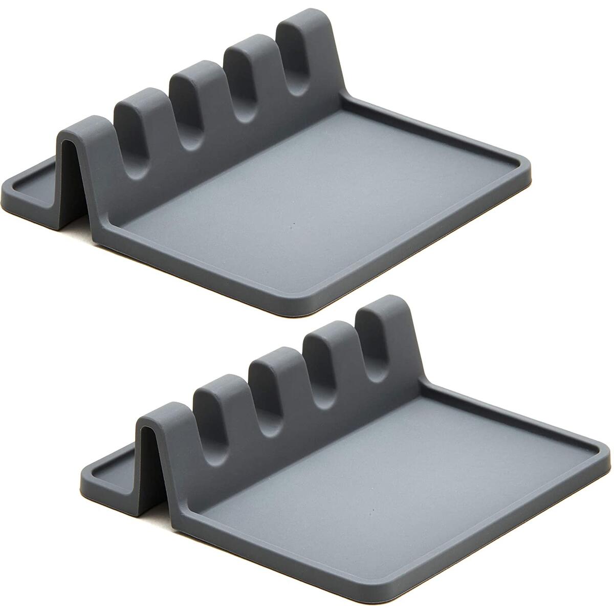 2 PACK Grey Silicone Spoon holder for Stove Top with Drip Pad (Two Pack) - Heat Resistant, BPA Free Utensil Rest & Spoon Rest for Kitchen Counter - Grill Utensil Holder for Spatulas, Tongs, Ladles