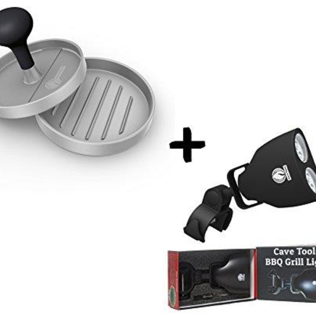 Cave Tools Burger Press + Barbecue Grill Light - Luxurious Gift Box - Upgraded Handle Mount Fits Round & Square Bars on Any BBQ Pit - 10 LED for Grilling at Night - Best Lighting Accessories
