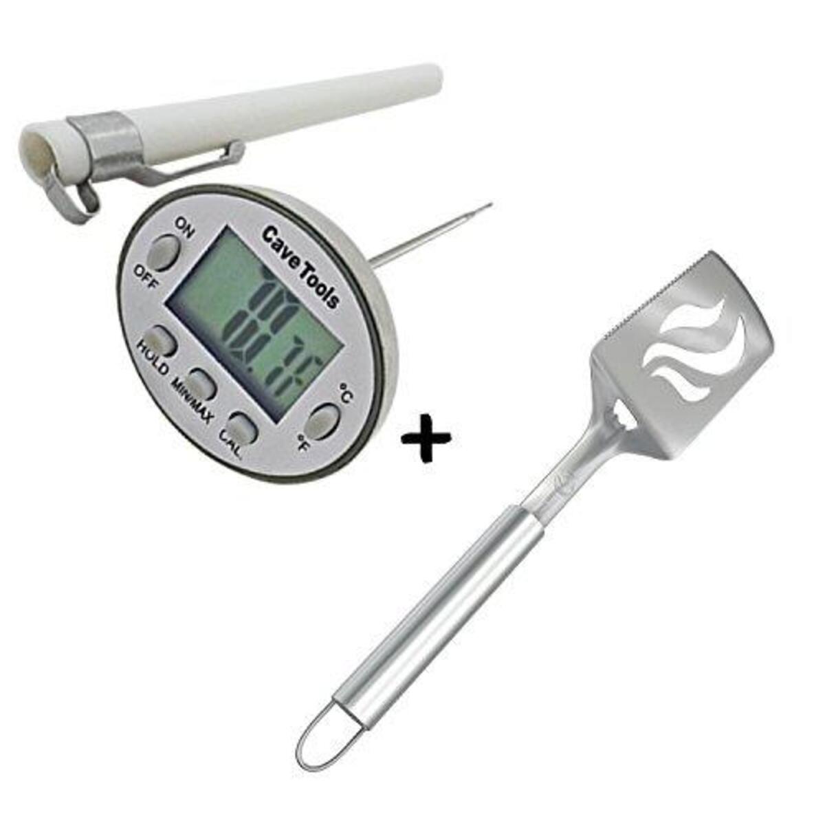 Barbecue Spatula + Digital Cooking Thermometer - Instant Read - for BBQ Grilling Candy Chocolate Meat Baking Liquid Smoker - Stainless Steel Casing Long Food Probe & LCD Display