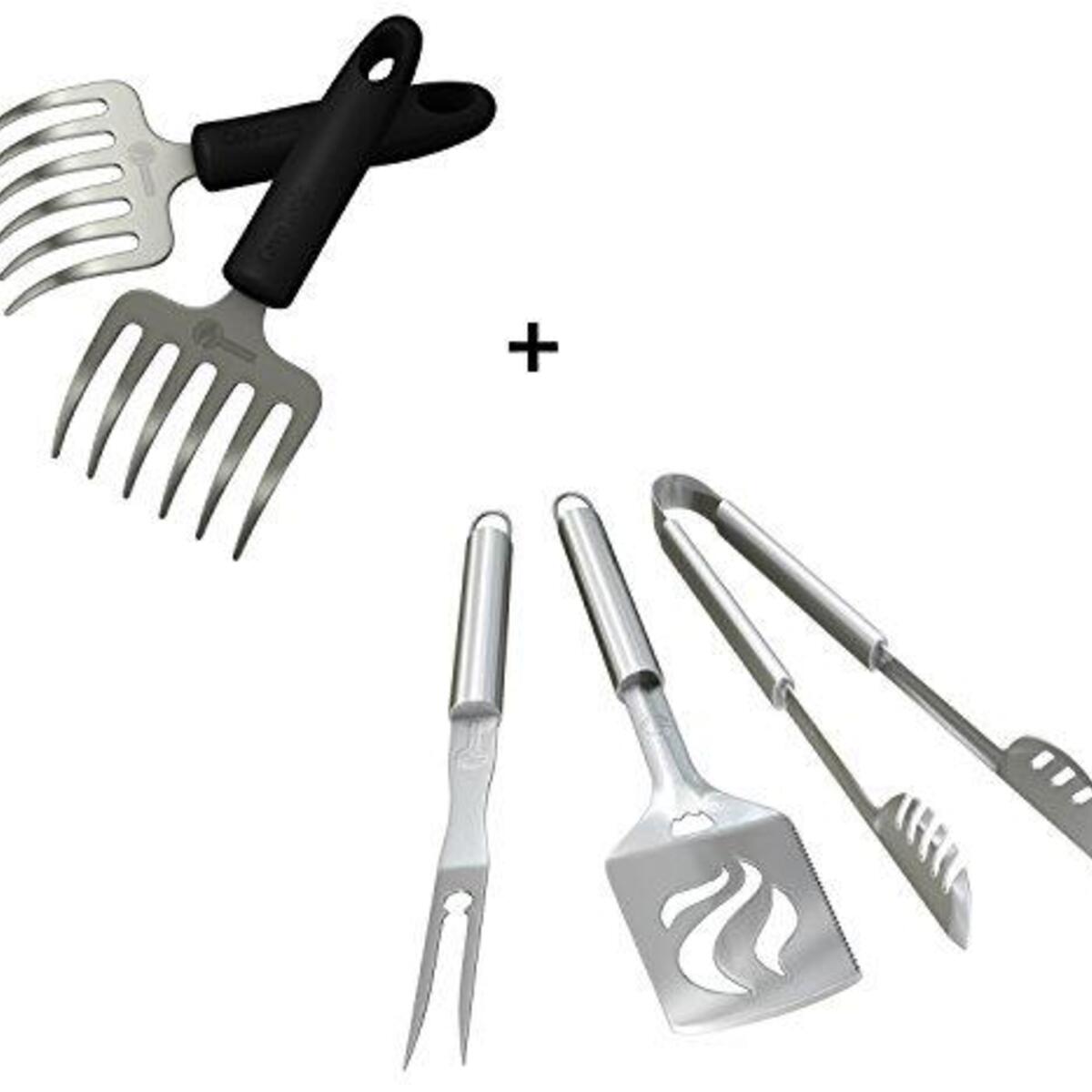 Pulled Pork Shredder Rakes + BBQ Grill Tools Set - Heavy Duty 20% Thicker Stainless Steel - Professional Grade Barbecue Accessories - 3 Piece Utensils Kit Includes Spatula Tongs & Fork