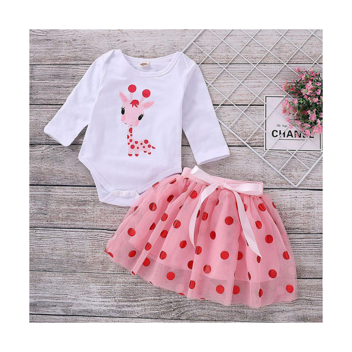 Infant Baby Girls Cartoon Giraffe Tops Dot Tutu Dress Set