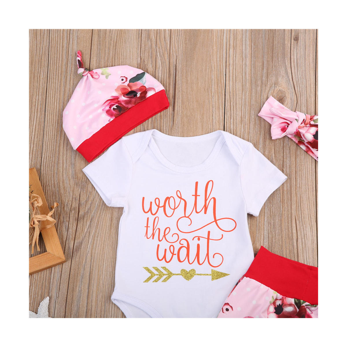 Newborn Baby Girls Floral Bodysuit Romper + Pants + Hat + Headband Coming Home Outfits Clothes