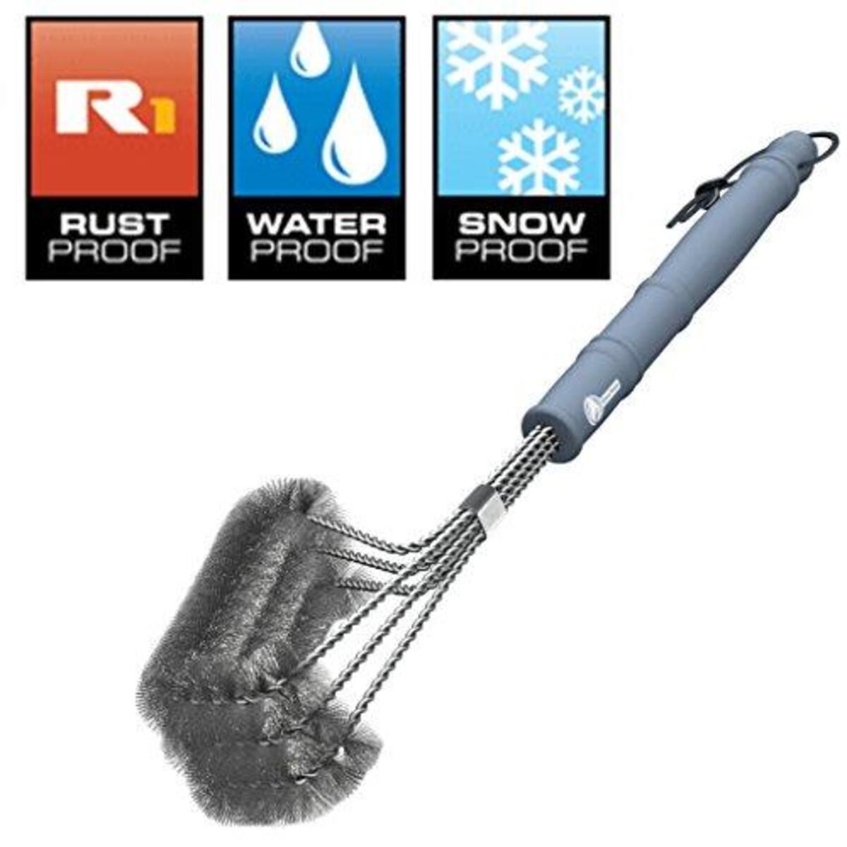 Cave Tools BBQ Grill Brush - New & Improved 100% Rust Proof Design - Stainless Steel Wire Bristle with Strength Clip for Cleaning Char Broil Weber Porcelain and Infrared Barbecue Grates - 18" Handle