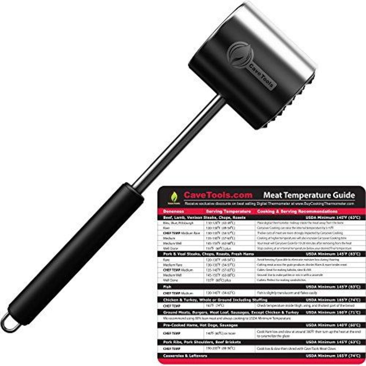 Temp Guide + Meat Tenderizer Mallet - DISHWASHER SAFE STAINLESS STEEL HAMMER - Best Manual Pounder For Tenderizing Tough Cut of Chicken Steak Pork & Veal in Kitchen - Silicone Handle for Perfect Grip