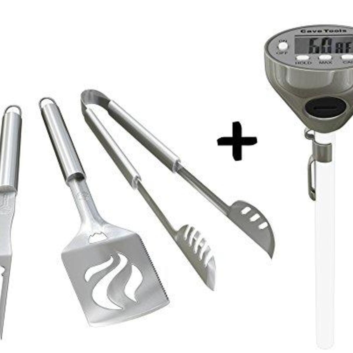 Cave Tools Grill Set + Digital Cooking Thermometer - Instant Read - for BBQ Grilling Candy Chocolate Meat Baking Liquid Smoker - Stainless Steel Long Food Probe & LCD Display