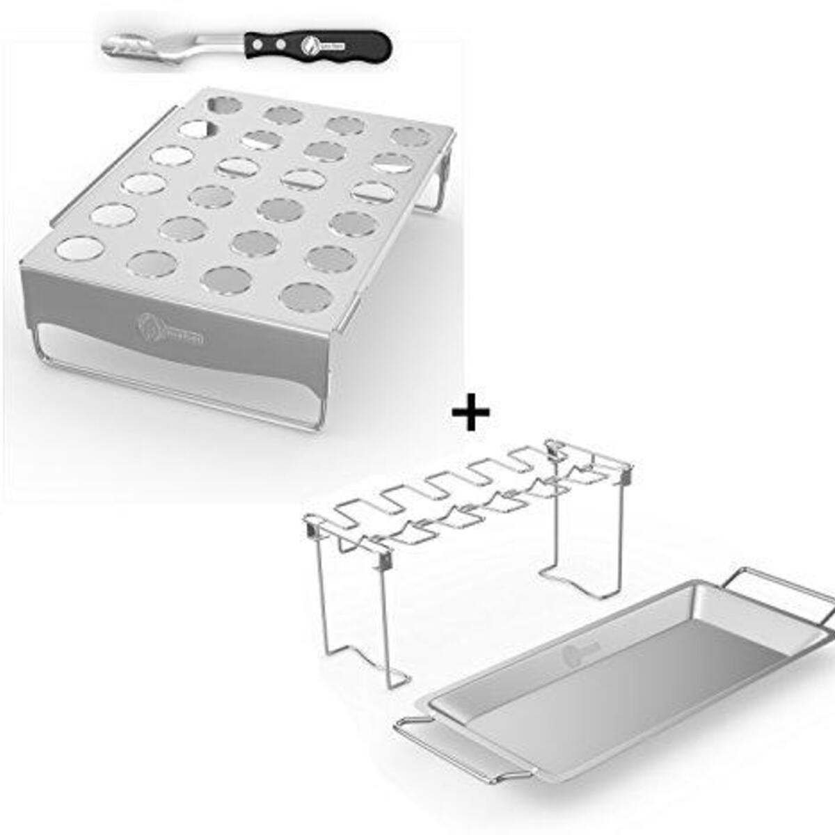 Cave Tools Jalapeno Roaster & Pepper Corer + Chicken Wing & Leg Rack for Grill Smoker or Oven - Stainless Steel Vertical Stand & Drip Pan for Cooking Vegetables in Juices - Dishwasher Safe