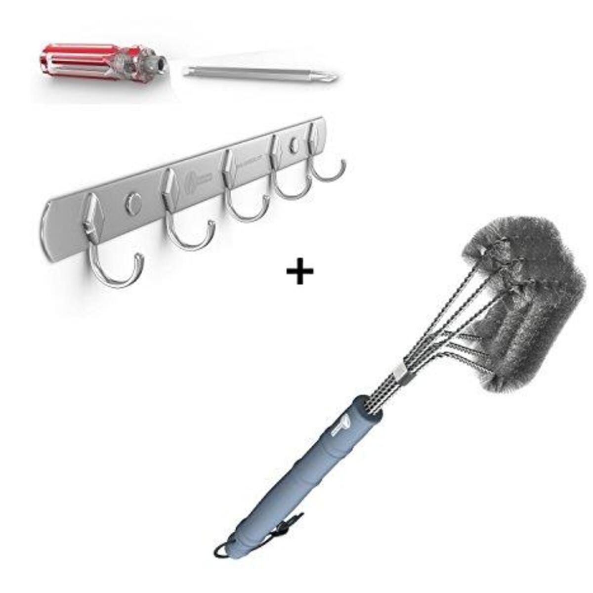 Hook Rack for BBQ Utensils + Barbecue Grill Brush - ONLY 100% RUST PROOF DESIGN - Stainless Steel Wire Bristles for Cleaning Char Broil Weber Porcelain and Infrared Grates - 18" Long Handle