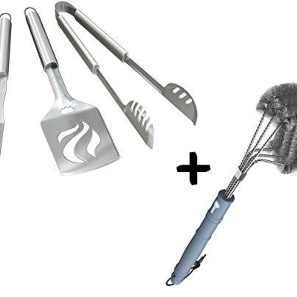 Grill Set + BBQ Brush - ONLY 100% Rust Proof Design - Stainless Steel Wire Bristles with Strength Clip for Cleaning Char Broil Weber Porcelain and Infrared Barbecue Grates - 18" Long Handle