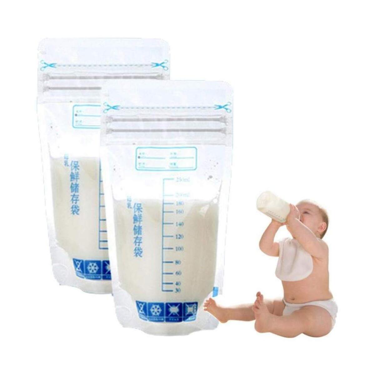 Breast Milk Storage Bags - Self Standing, Freezer Safe, Leak Proof Zip Top Closure, Pre Sterilized, Marked Measurements Food Pouches